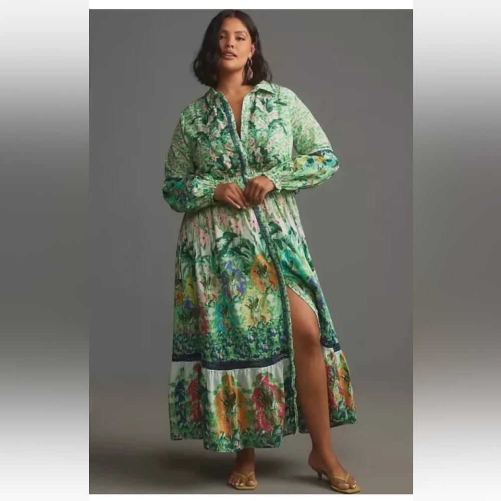 Anthropologie Eleanora Long-Sleeve Printed Maxi Shirt Dress green XL new!!